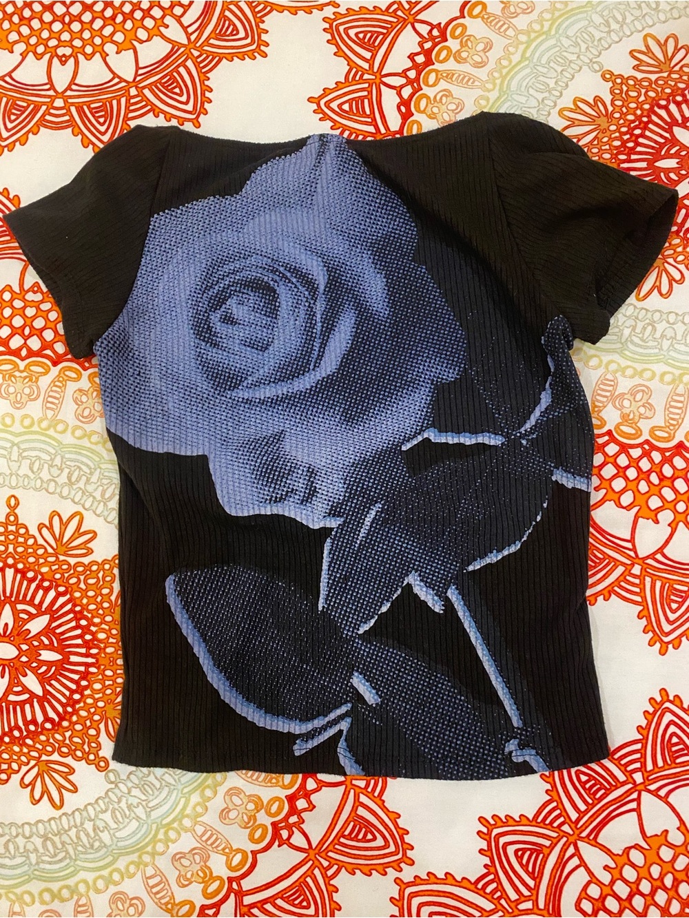 Urban Outfitters Black Short-Sleeve Tee with Blue Rose Print